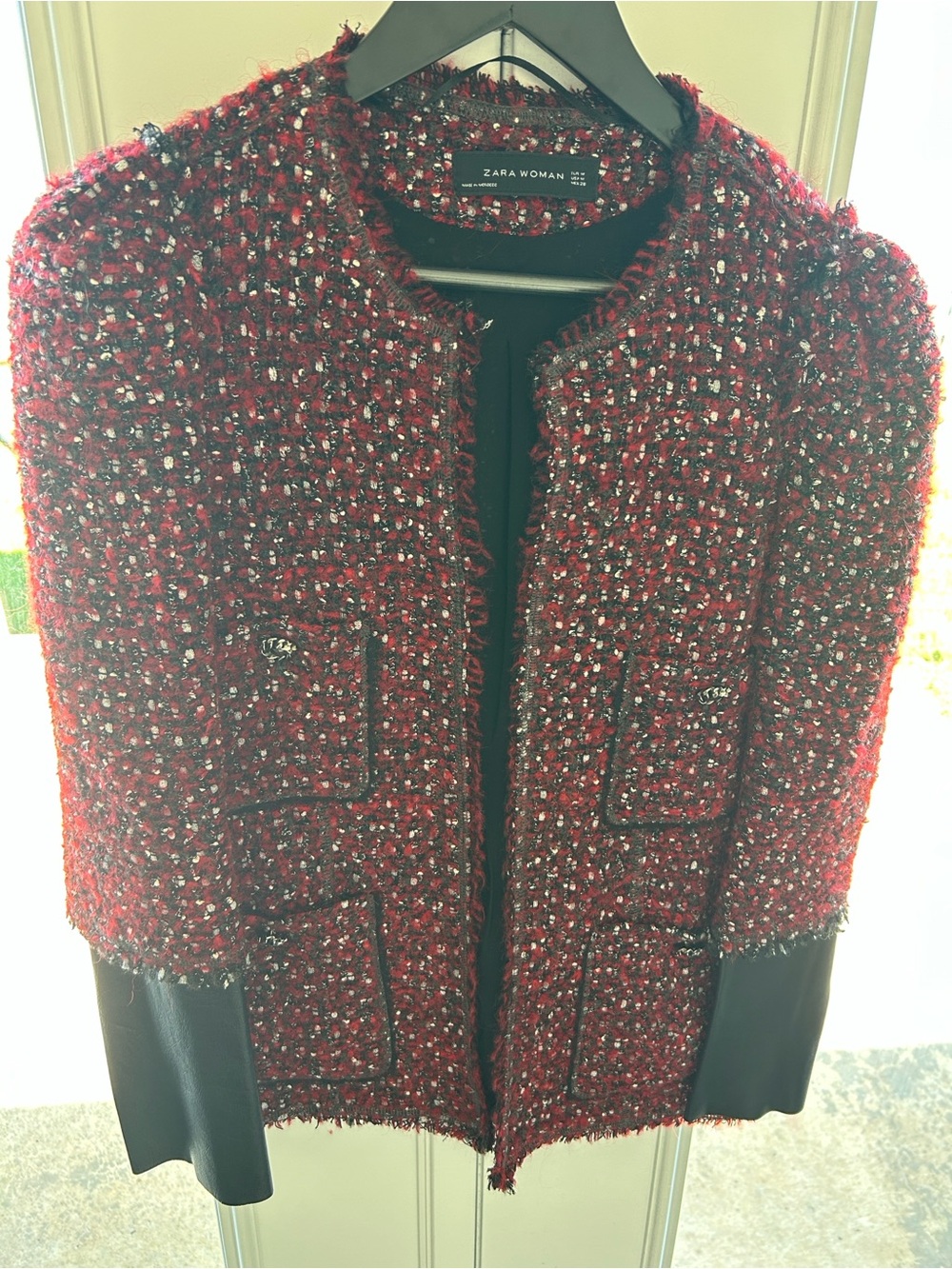 Zara Red Bouclé Tweed Jacket with Black Sleeve Accents